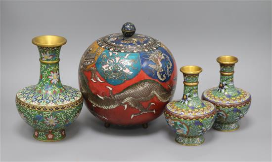 A cloisonne bowl and cover, a baluster vase and a pair of smaller baluster vases,